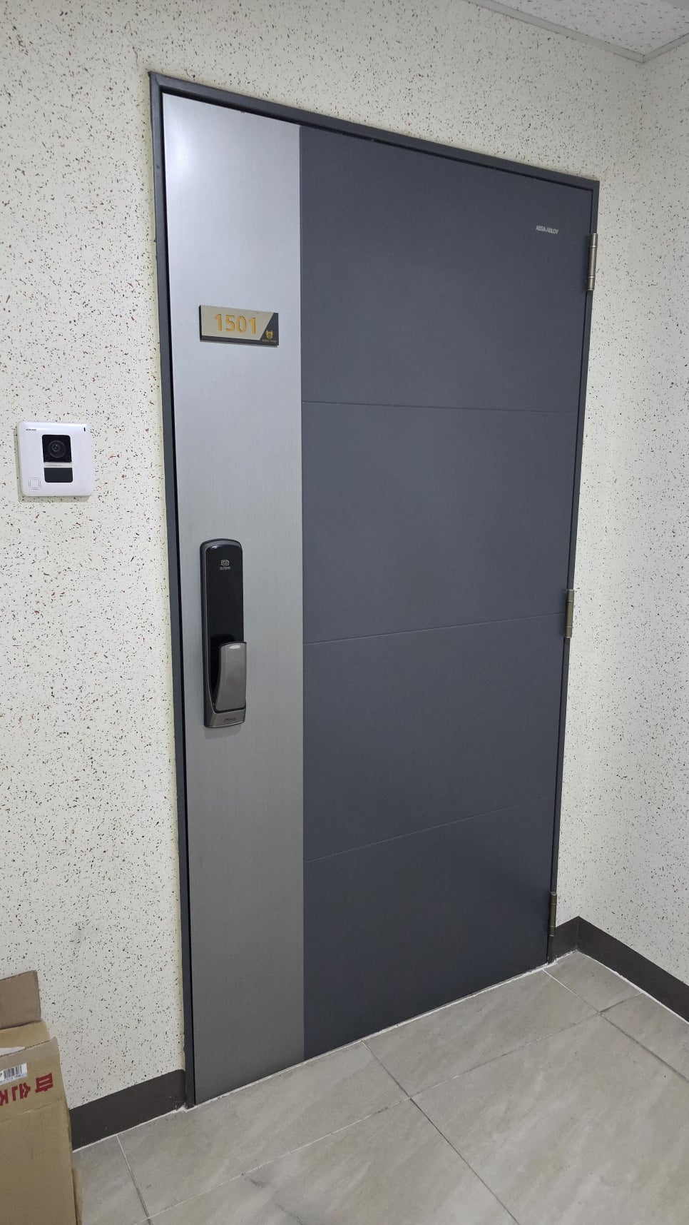 European-style entrance door hinge adjusted in a Korean apartment